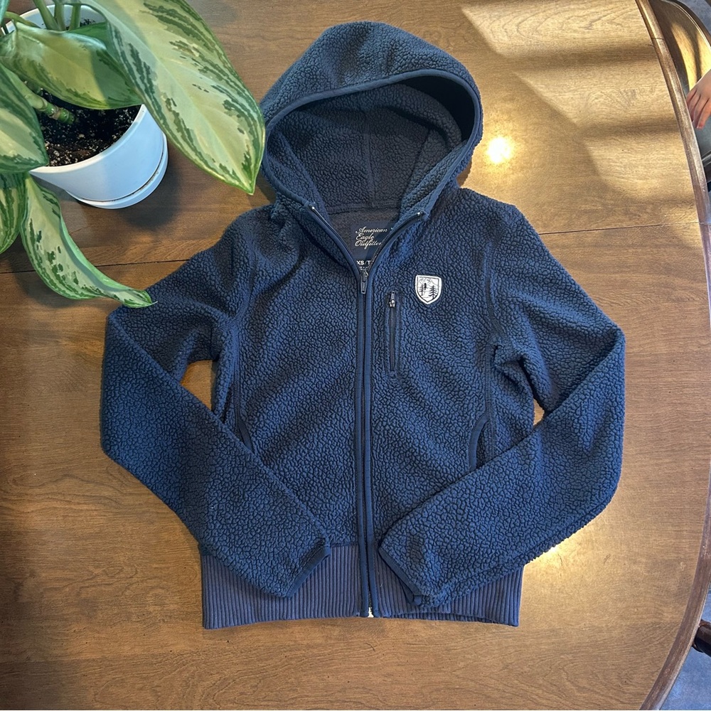 Navy Blue Zip Up Sweater with Hood